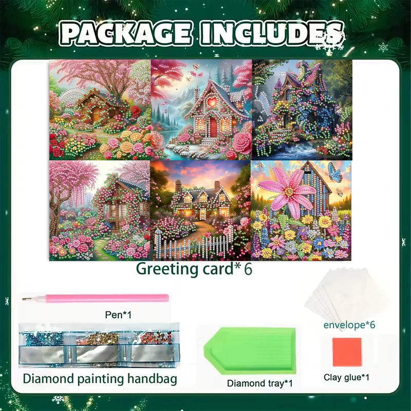 6-Piece DIY Diamond Painting Greeting Card Set, Featuring Unique Flower and Animal Pattern Designs and Rhinestone Diamond Painti
