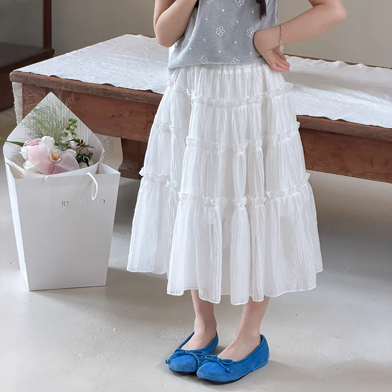 Girls Lightweight and Breathable Skirt Elegant and Fairy White Layered Cake Mid Length Skirt 2026 Summer New