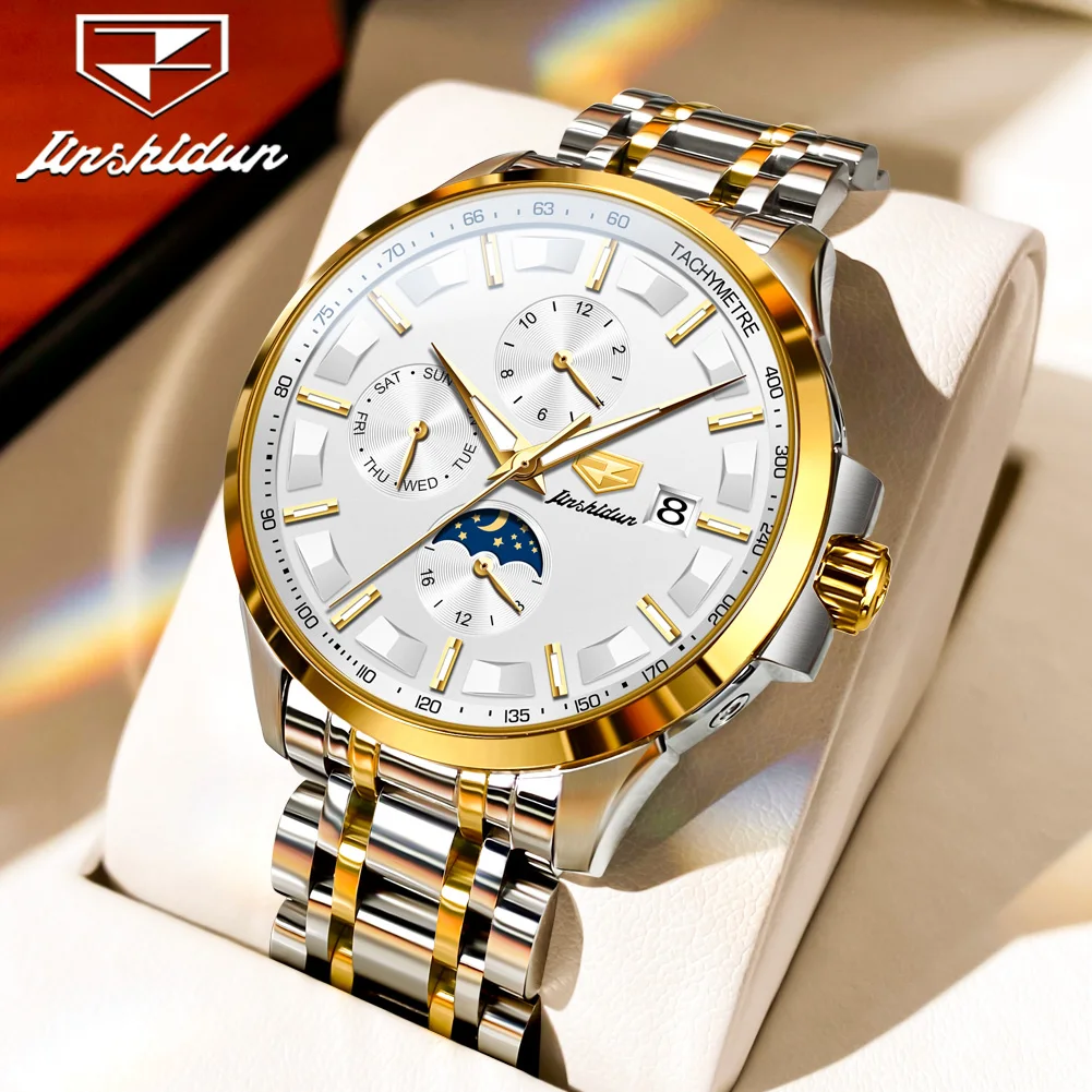 

JSDUN 44mm Large Dial Gold Wristwatch Men Luxury Multifunctional Date Moon phase TOP Brand Automatic Mechanical Men's Watch 8941