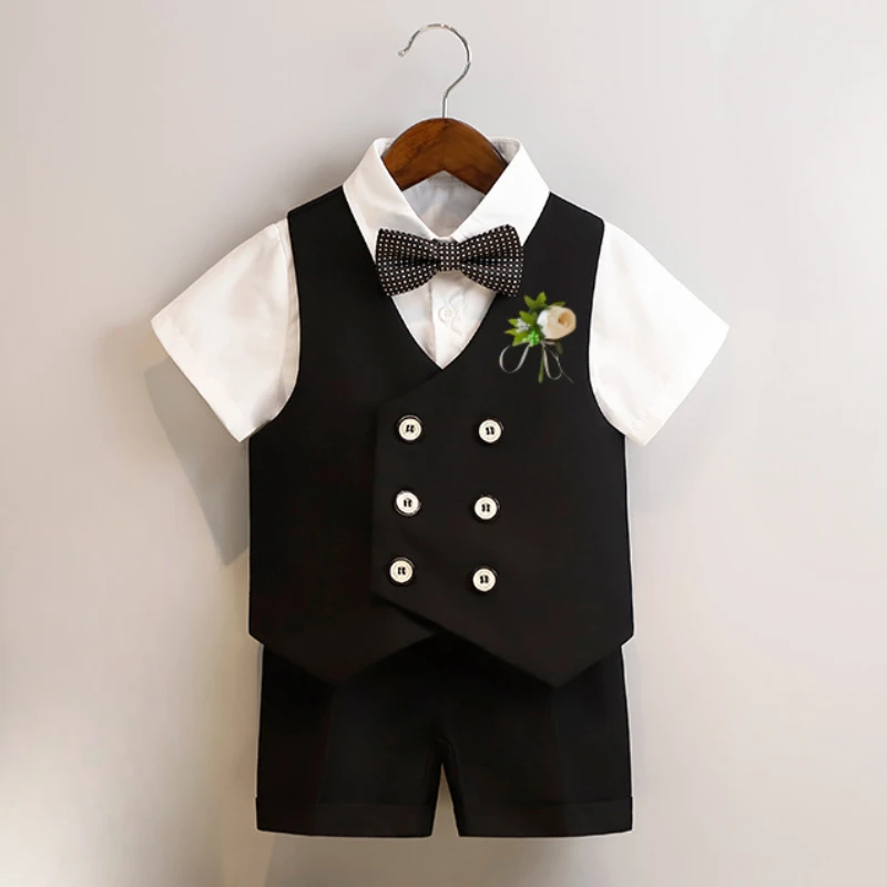 Summer Children Clothes Set Stylish Double-Breasted Short-sleeved Shorts Vest Outfits Flower Boys Weddings Party Blazers Suit