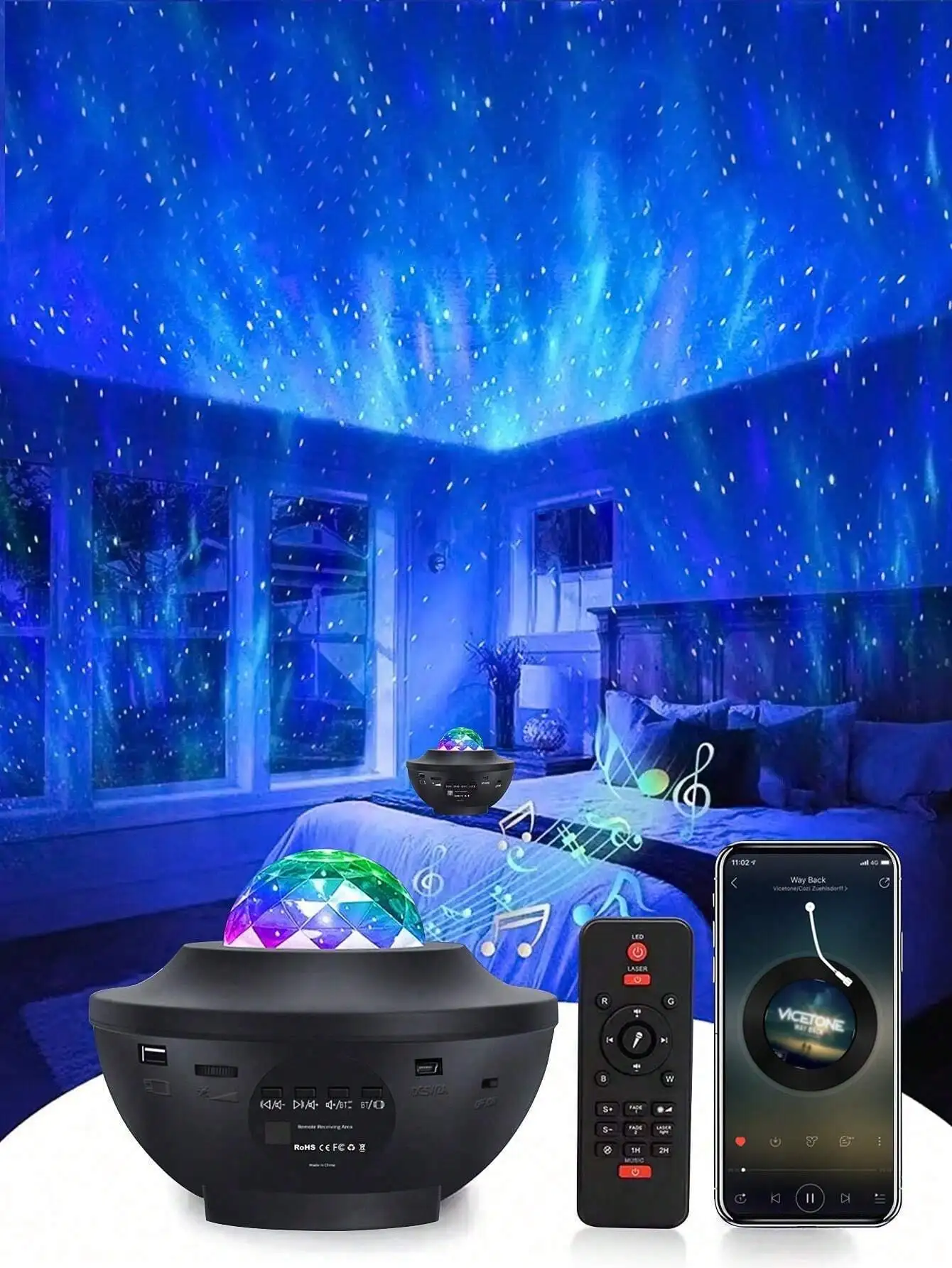1pc Starry Sky Projection Lamp, USB Remote Music Laser Ripple for Bedroom Sleep