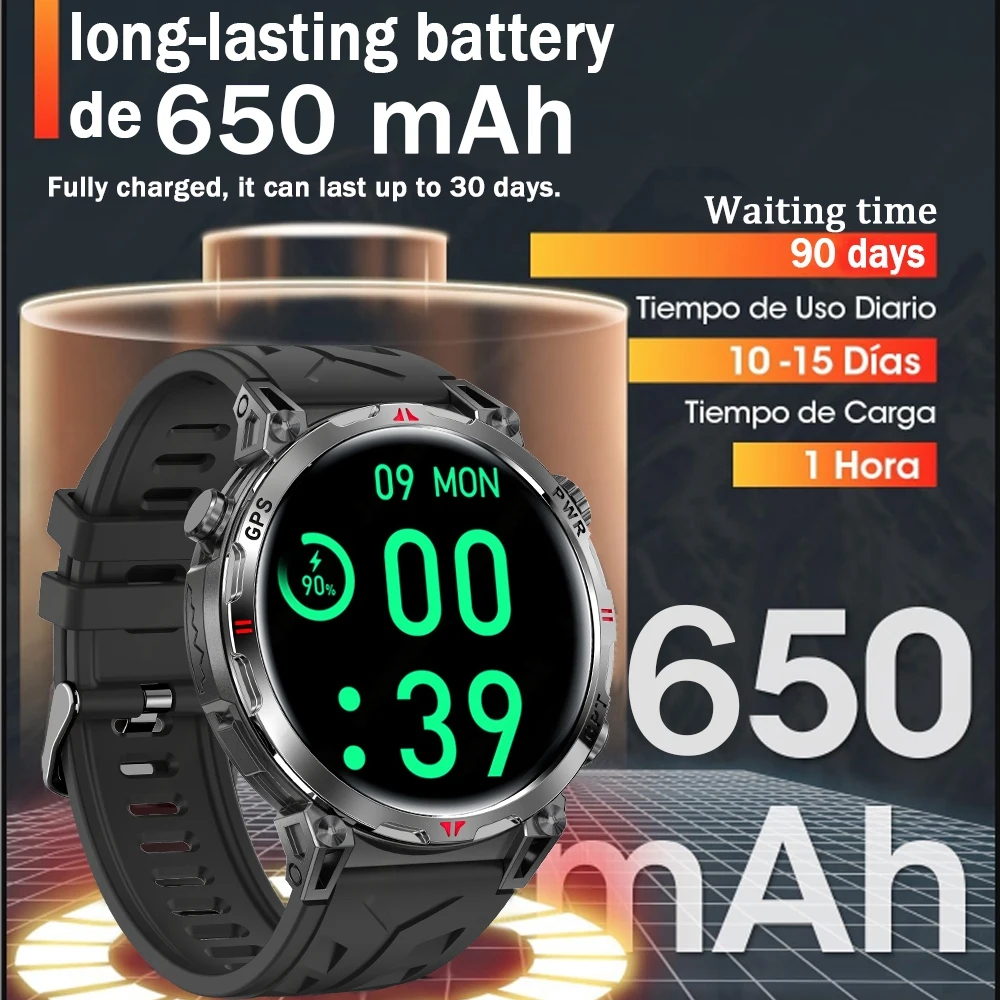 Reloj inteligente GPS de grado militar para hombre, pantalla AMOLED, batería de 500mAh, 5ATM, resistente al agua, monitoreo de salud deportiva, relojes de llamada Bluetooth