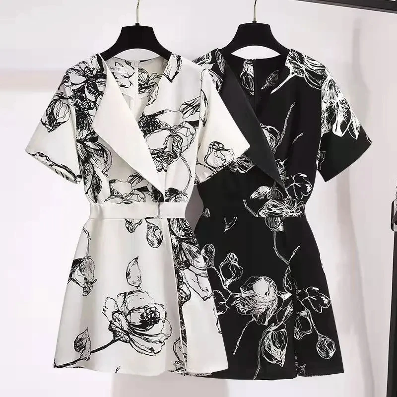 

Single/suit temperament celebrity goddess fan 2022 summer new print suit collar knee-length dress wide-leg shorts two-piece set