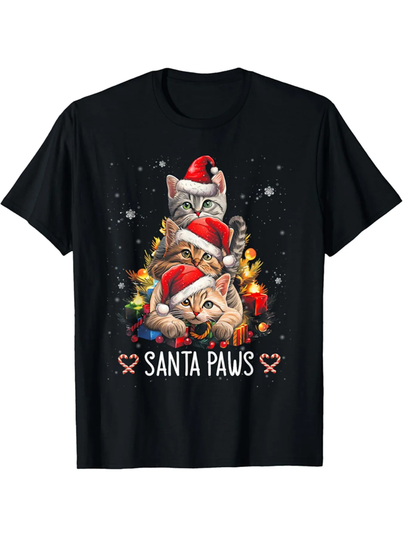 

Men's Santa Cat Christmas Tee - Santa Cats Graphic, Soft Stretchy Fabric, Black, Cat Lover Holiday Party/Daily Wear