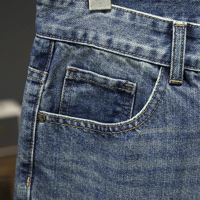 Kstoun verão 2025 shorts masculinos jeans retro azul streetwear denim shorts em linha reta solta na altura do joelho calças vintage shorts para homem