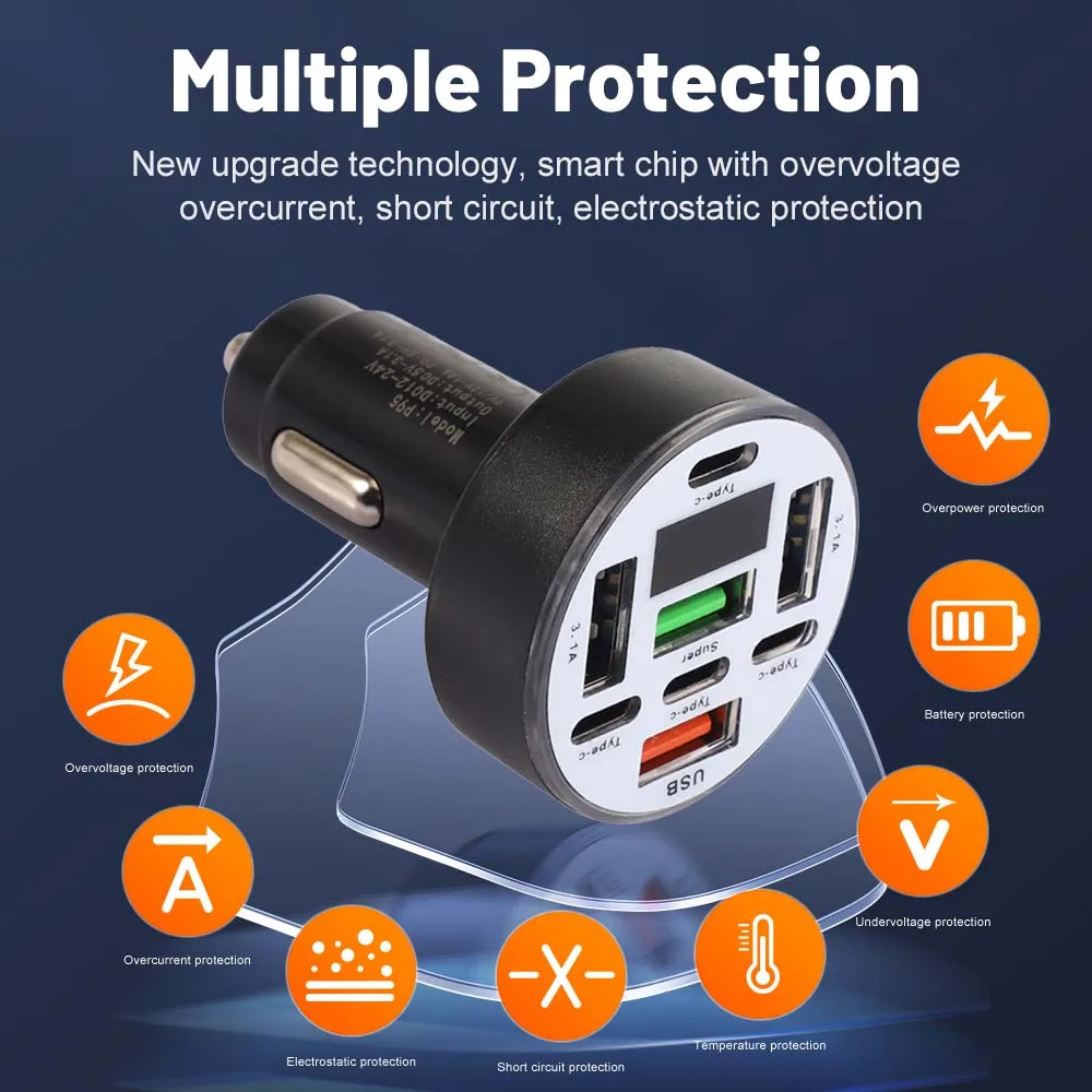 8 Ports Car Charger Fast Charging Digital Display USB Type C Car Phone Charger Adapter for iphone samsung huawei - view 4