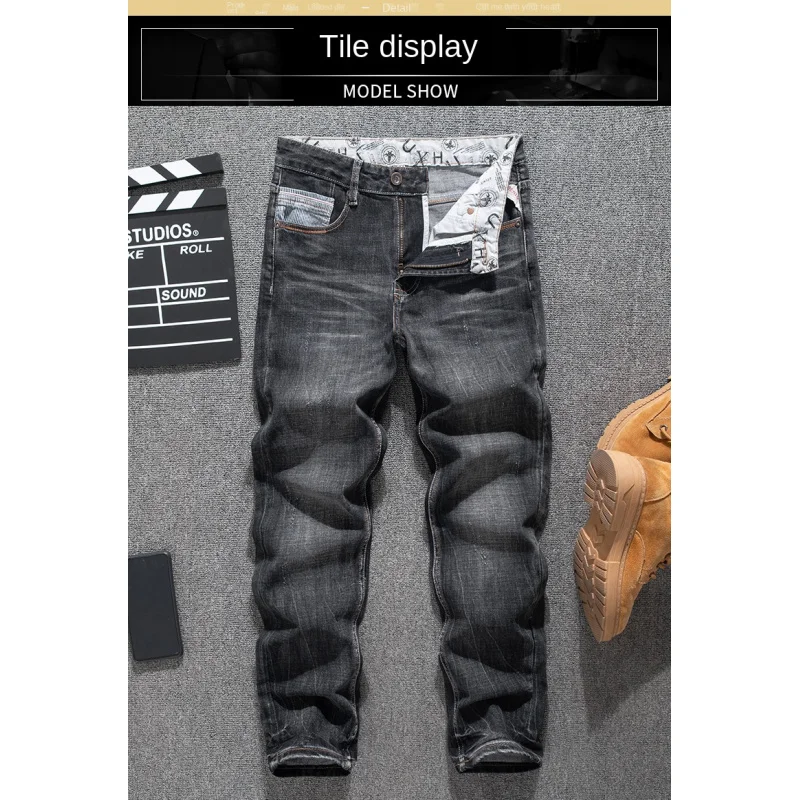 سراويل جينز عصرية للشارع الكوري للرجال بقصة ضيقة ومستقيمة ومزودة بنطال جينز ثقيل الوزن مغسول عالي الجودة