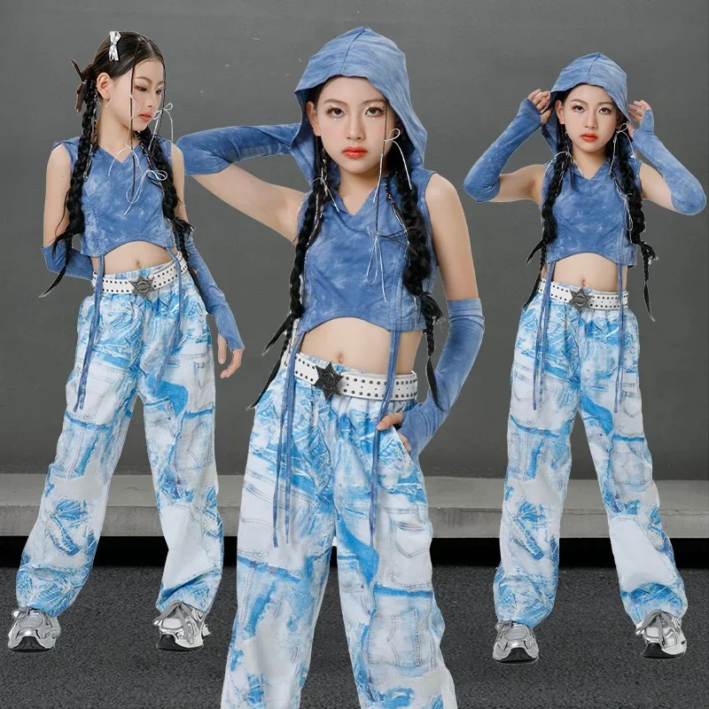 

Blue Crop Top Denim Shorts Hip Hop Clothing Korea Kpop Outfit Stage Performance Girl Group Suit Kids Sexy Suit Rave Party Wear