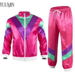 Women 80s Party Tracksuit Y2K Color Block Satin Hip Hop Style Sports Set Stand Collar Zipper Jacket with Drawstring Sweatpants