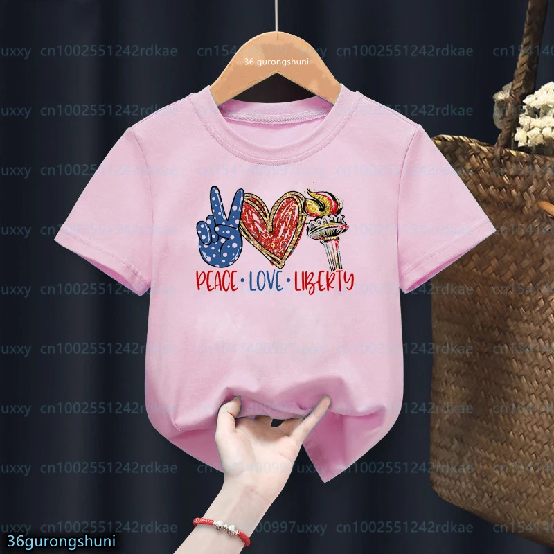 

Fashion T-Shirts For Girls 4th Of July Peace Graphic Print Girls Pink Clothes Summer Children Tshirts Young Children Tees tops