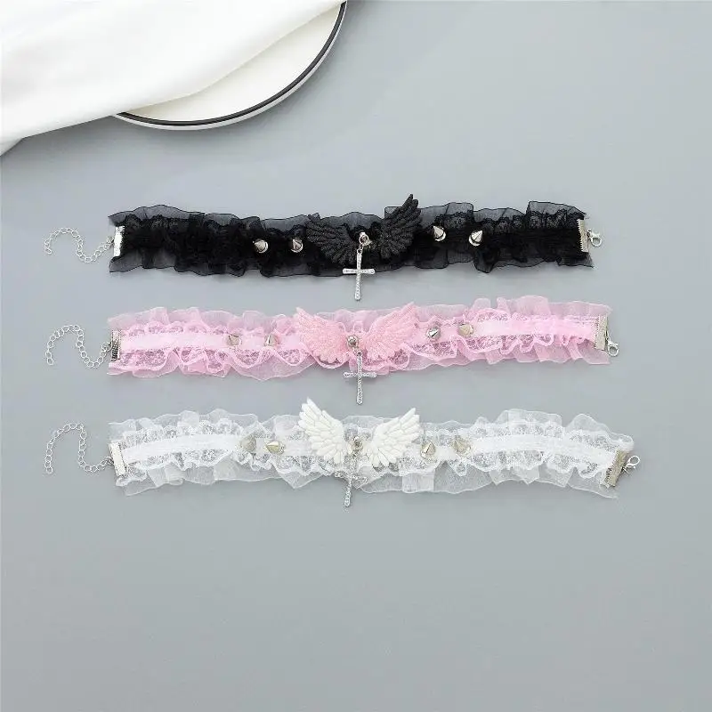 Fashion Women Girls Necklace Solid Color Wide Lace Rivets Lolita Lace Choker Y2K Angel Wings Cool Leather Necklace