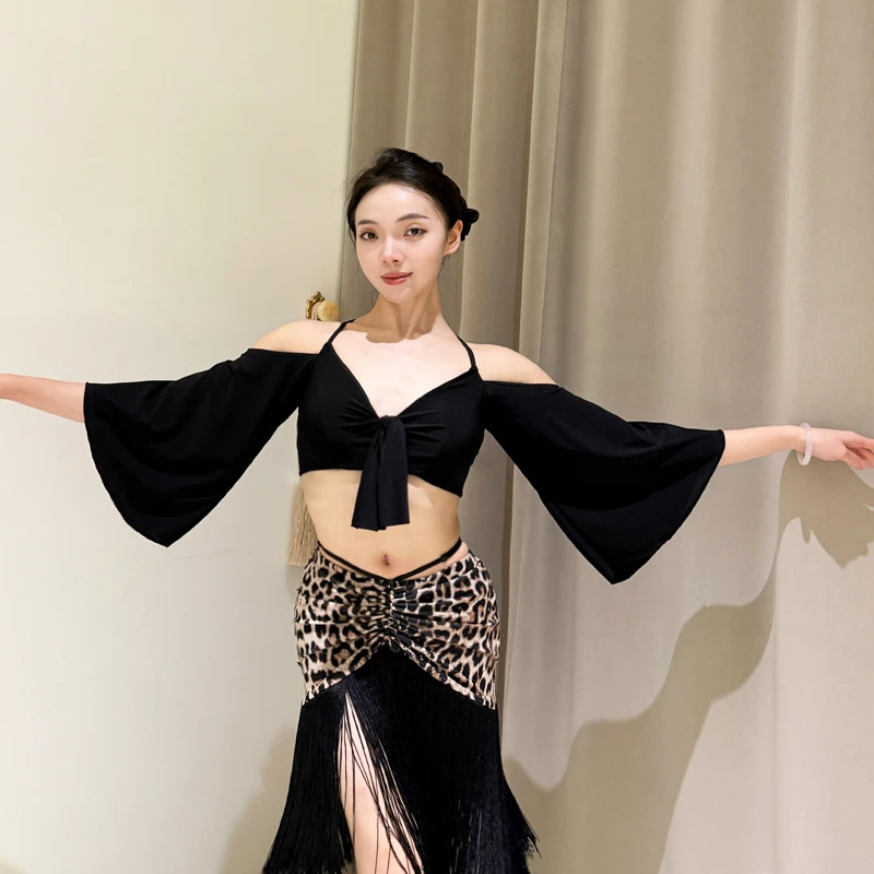 

Latin dance costume for women's high-end sexy backless top tango samba rumba professional practice outfit black V-neck tops
