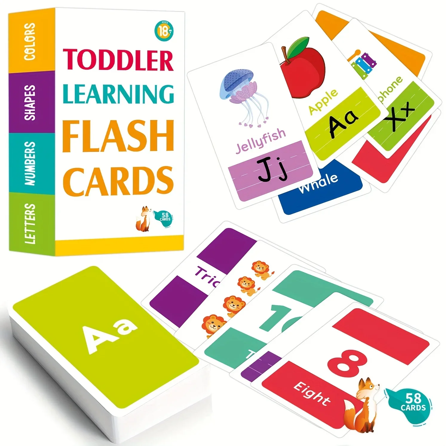 

58Pcs Alphabet Flash Cards Toddlers: Colors, Numbers, Shapes, Animals, ABC Letters & Sight Words - Educational Preschool Toy!