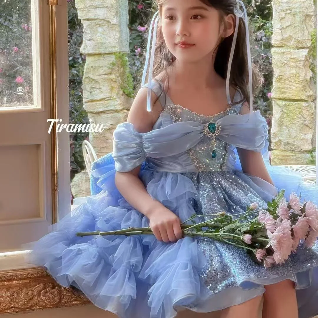 blue kids girls dress robes pour filles roupas femininas infantil 12 anos meninas baby tutu Sparkling large bow princess dresses