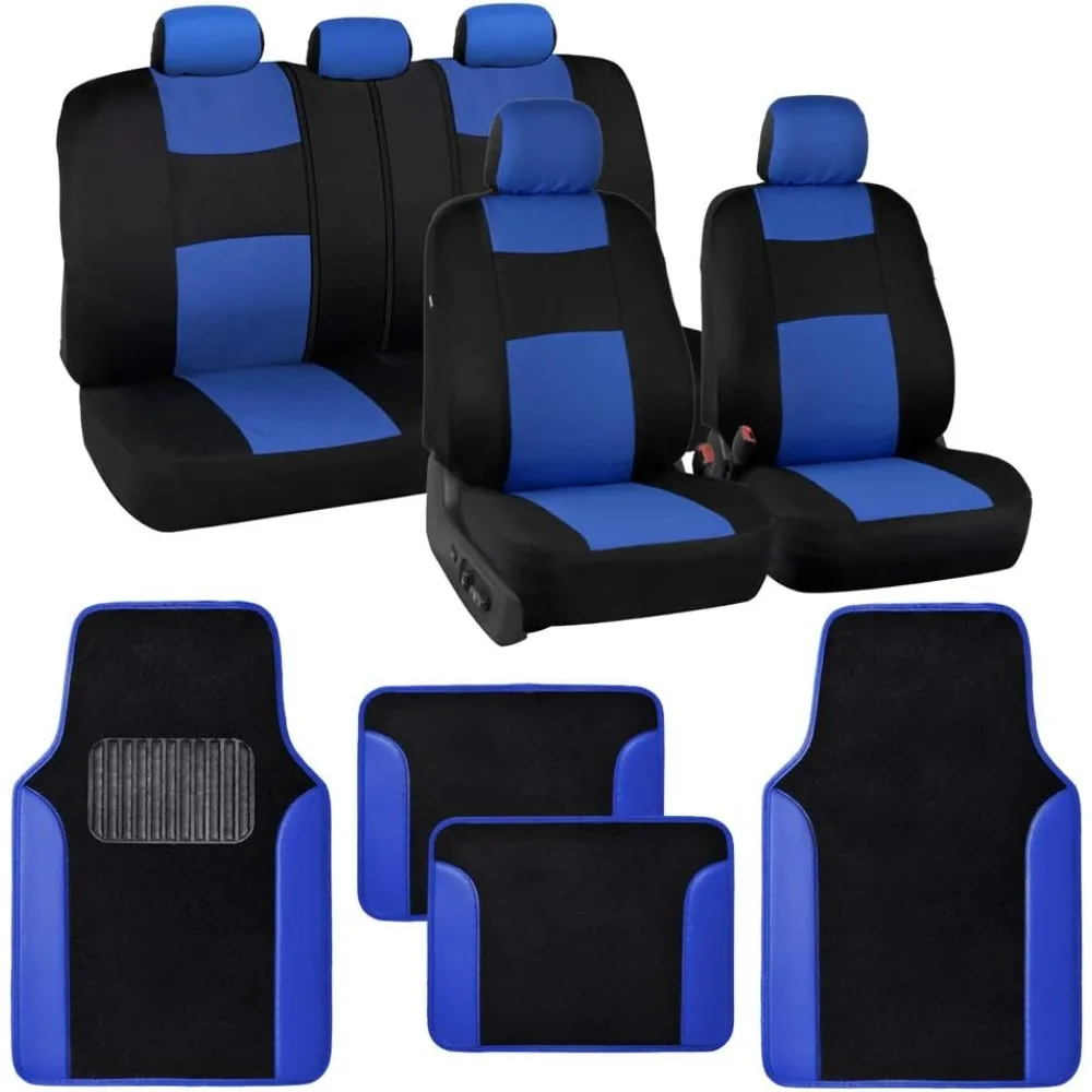 

BDK PolyPro Blue Car Seat Covers and 4-Piece Floor Mats Set - Two-Tone Covers for Cars with Carpeted Interior