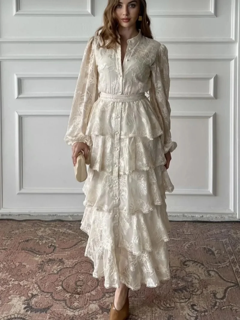 Luxuriöses Spitzenkleid mit Rüschen und Volants, Frühjahrskollektion 2026, Laternenärmel Maxikleid, Geburtstags- und Abendkleid