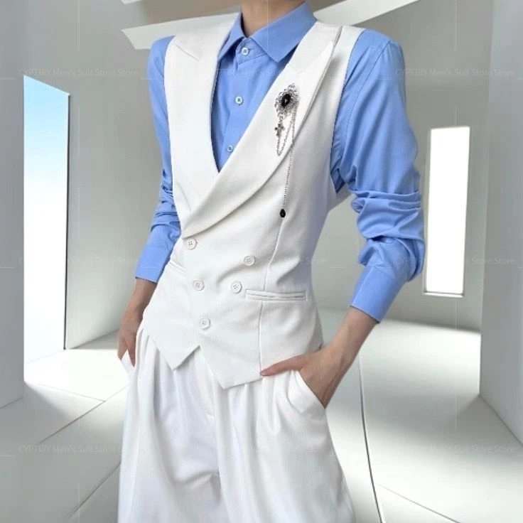 White Vest, Stylish And High-End, Unisex, Elegant British Style, Gun Collar, Casual Suit Vest For Men