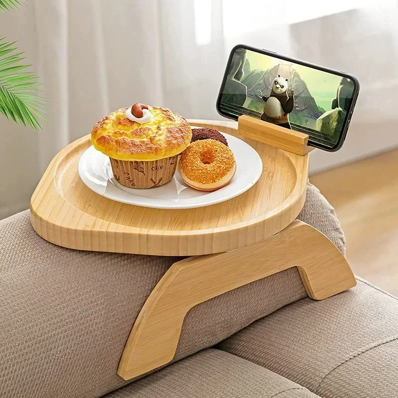 Round Foldable Bamboo Sofa Tray Table, Lazy Design with Clip-On Design and Swivel Phone Holder for Wide Sofa Arms