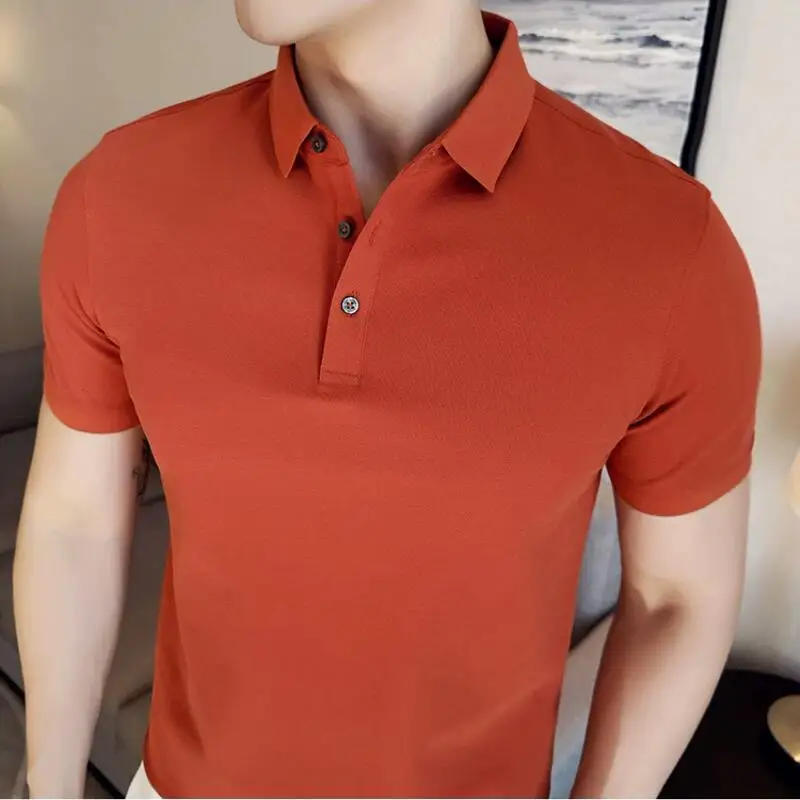 2024 Summer New Solid Color Polo Shirt Men Cotton Simple Short Sleeve Stretch T-shirt Formal Business Casual Lapel Polos Homme