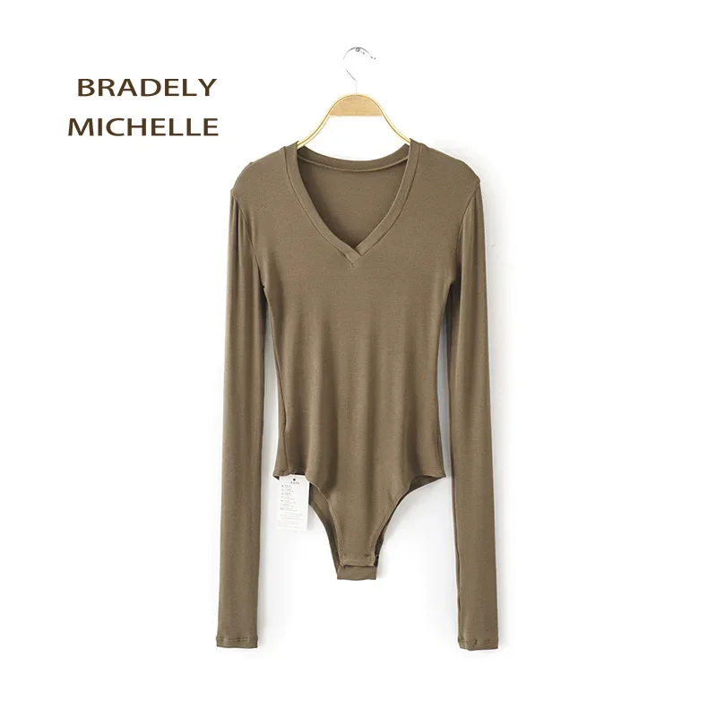 BRADELY MICHELLE Sexy Women Slim Long Sleeve V-neck Tops Cotton Knitted Bodysuits with Hidden Button Jumpsuis