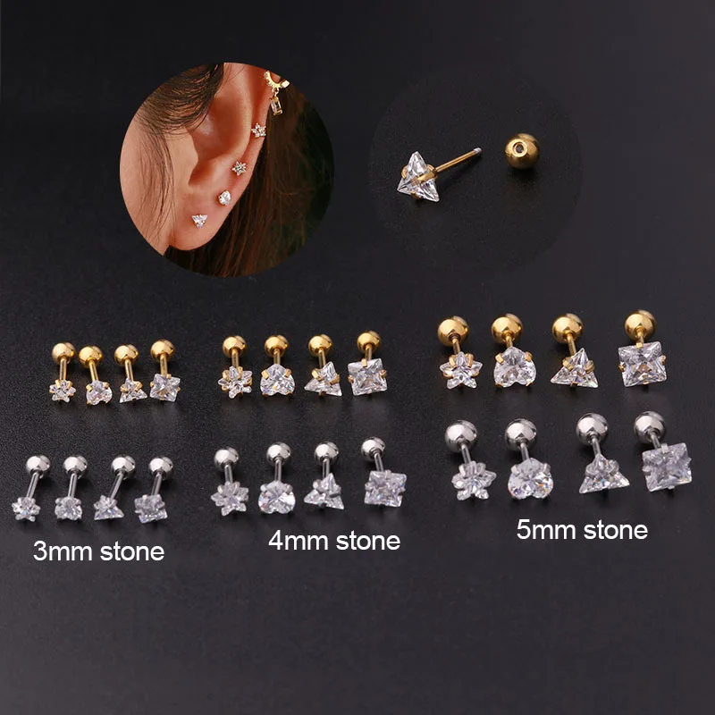 1PC Shiny CZ Star Heart 3/4/5mm Ear Cartilage Piercing Screw Earring for Women Squares Triangle Helix Daith Lobe Body Jewelry