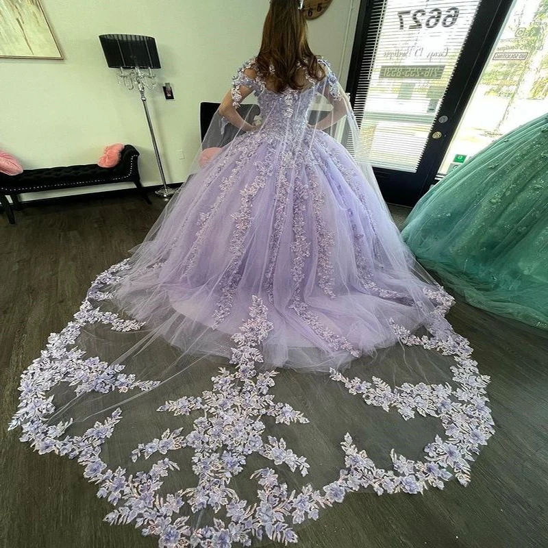 ANGELSBRIDEP Lilac Sweetheart Quinceanera Dresses 3D Flowers Appliqued With Cape Ruffles Birthday Princess Vestidos De 15 Anos