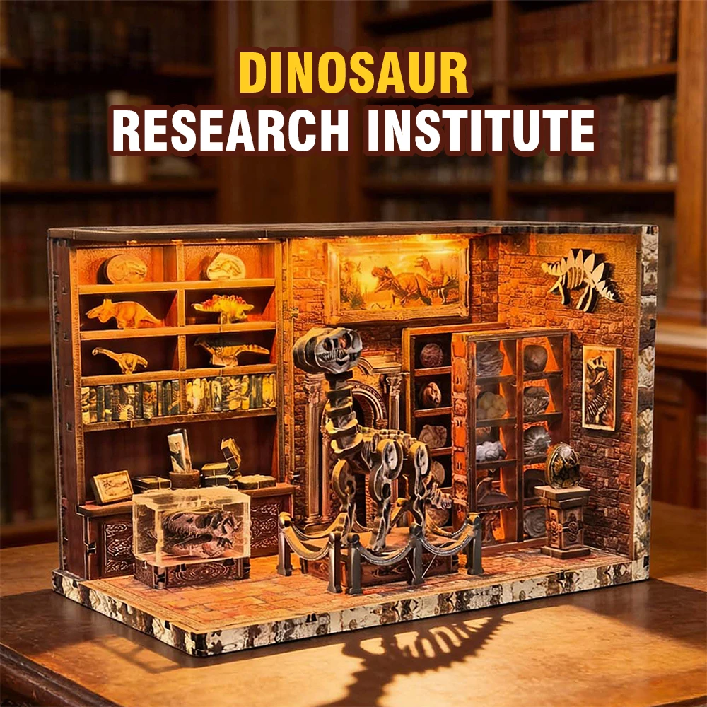 Dinosaur Skeleton 3D Wooden Puzzles Toy Set DIY Bookshelf Simulated Dinosaur Research Lab Scene Handmade Home Decor Xmas Gifts