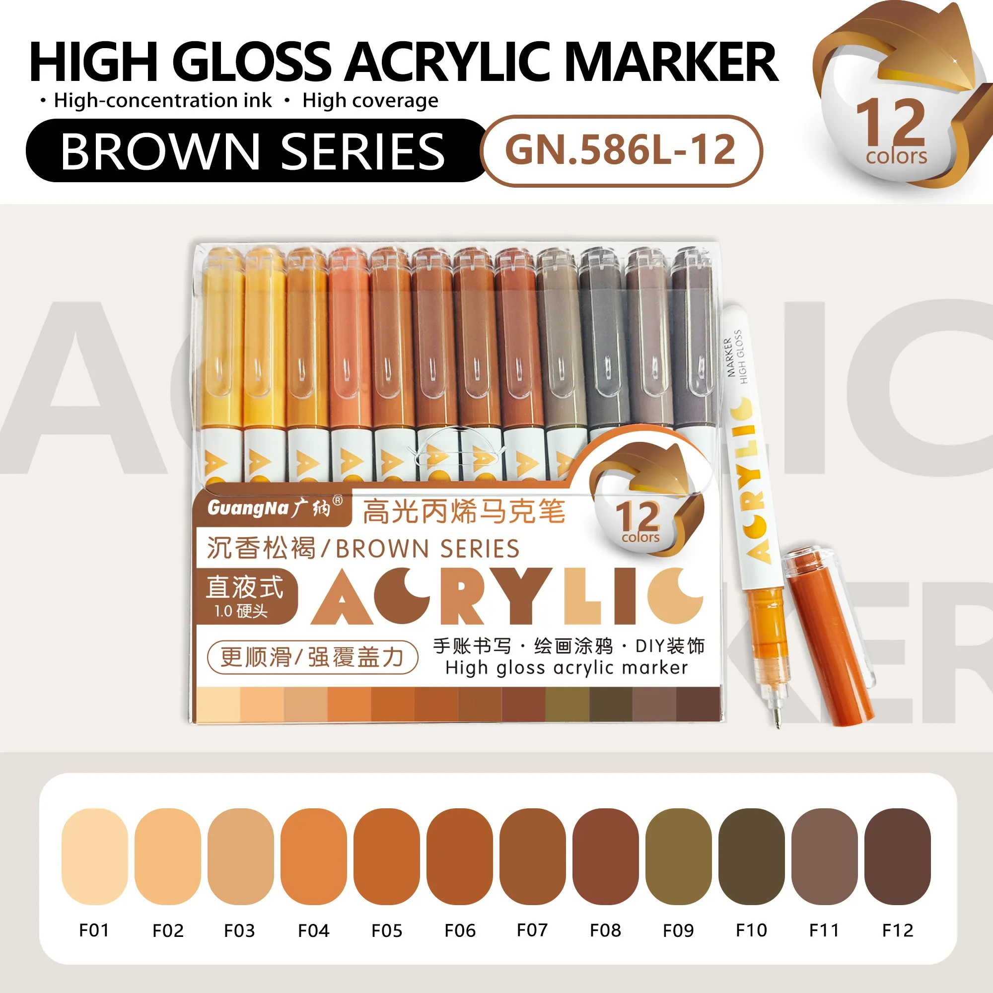 GuangNa 168/12 Kleuren Hoogglans Acrylmarker Set - Premium Direct Liquid Verfpennen voor Kunst, Schilderen, Handlettering & DIY - afbeelding 1