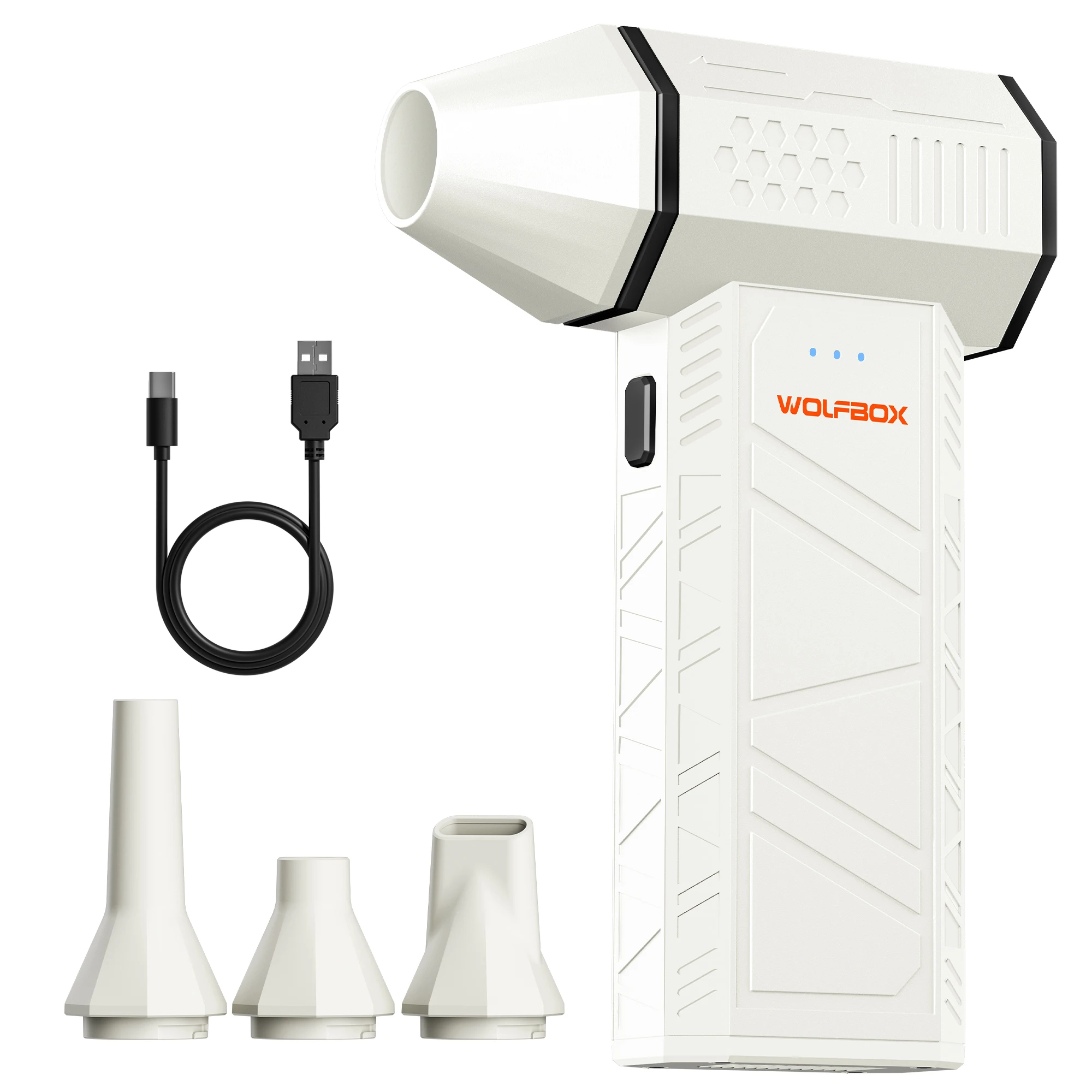 WOLFBOX DF50: potente soffiatore d’aria senza fili, ideale per rimuovere polvere e sporco, con 110.000 giri al minuto, 3 velocità regolabili e design portatile, perfetto per auto, casa e uso esterno.