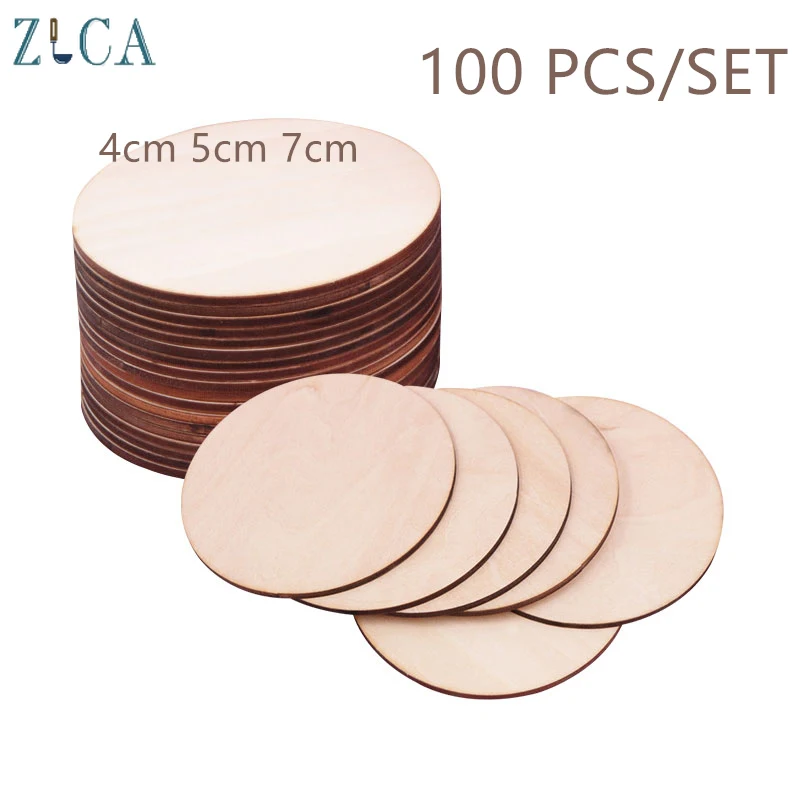 

100pcs/set 4-7cm Natural Blank Wood Pieces Slice Round Unfinished Wooden Discs DIY Crafts for Painting Wedding Party Decoration