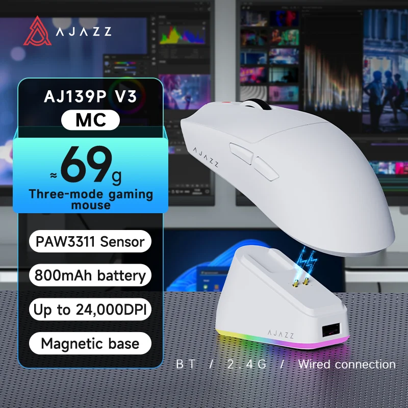 

AJAZZ AJ139P V3 MC MAX Беспроводная игровая мышь PAW3311 PAW3395 1K Bluetooth 2,4G Проводная игровая мышь RGB Зарядная база 800 мАч