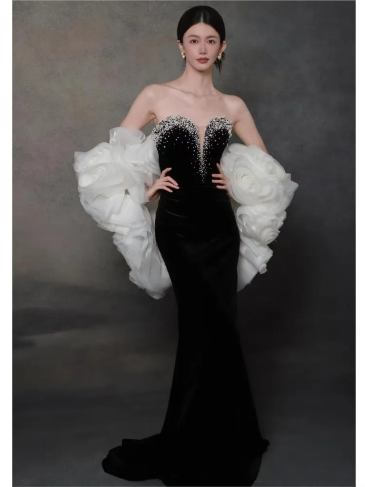 

Black new strapless toasting banquet host dress