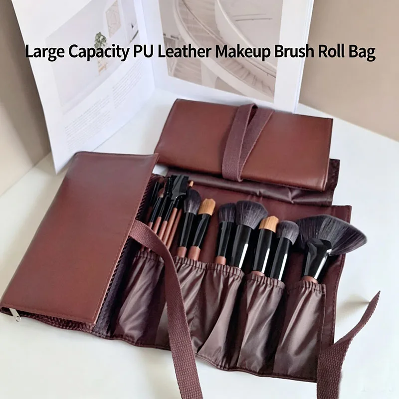 PU Leather Makeup Brush Roll Bag Foldable Cosmetic Brush Storage Pouch Travel Multi Slot Makeup Organizer Bag With Binding Strap
