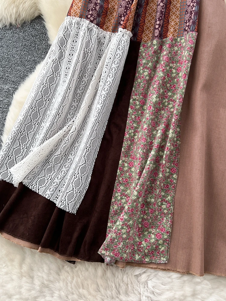 レトロな花柄パッチワークハイウエストAラインミディスカートレディース秋冬ゴムウエストスリムフィット通勤韓国風スカート