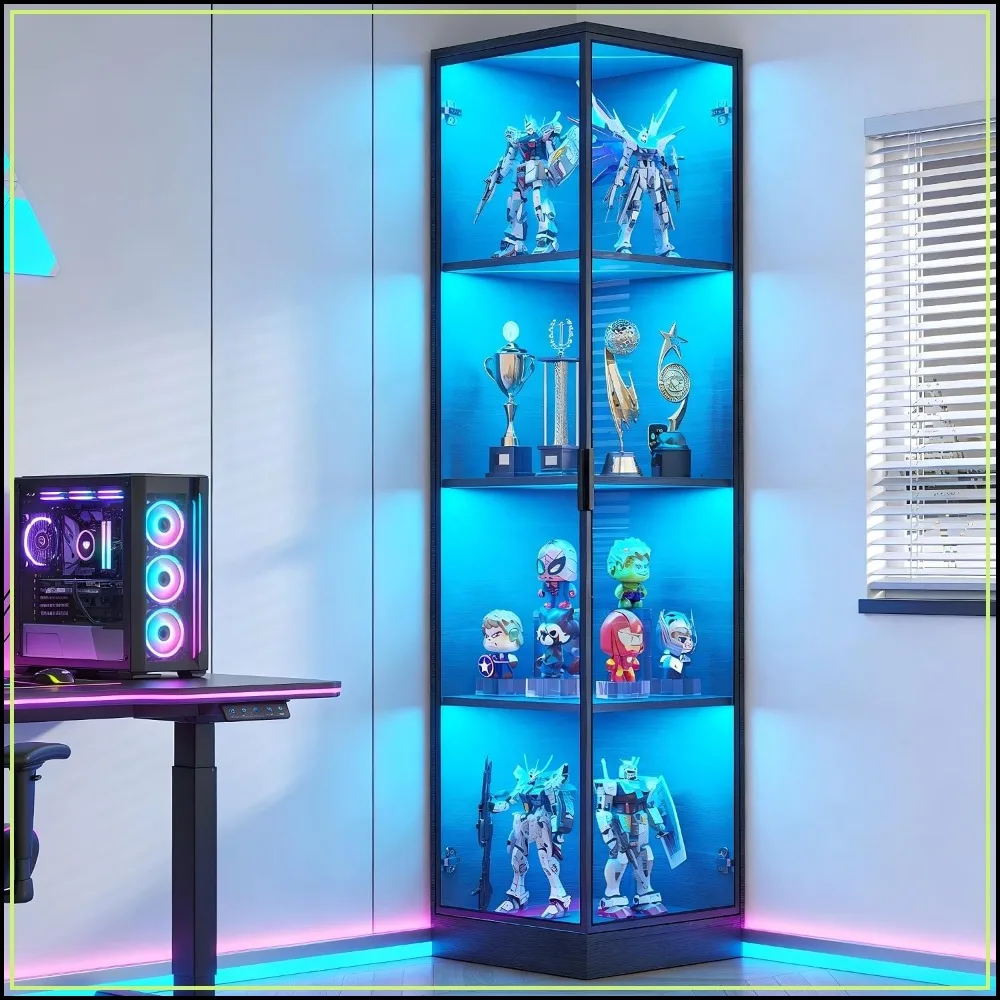 Corner Display Cabinet with Doors 4-Tier 3 Color Light Black