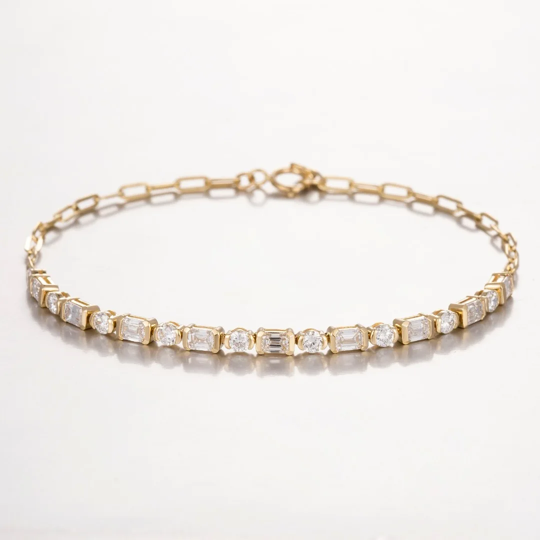 14K Yellow Gold Lab Grown Diamond Bracelet for Women 17cm, Elegant Baguette & Round Cut D Color VVS Clarity, Real Gold Chain Wri