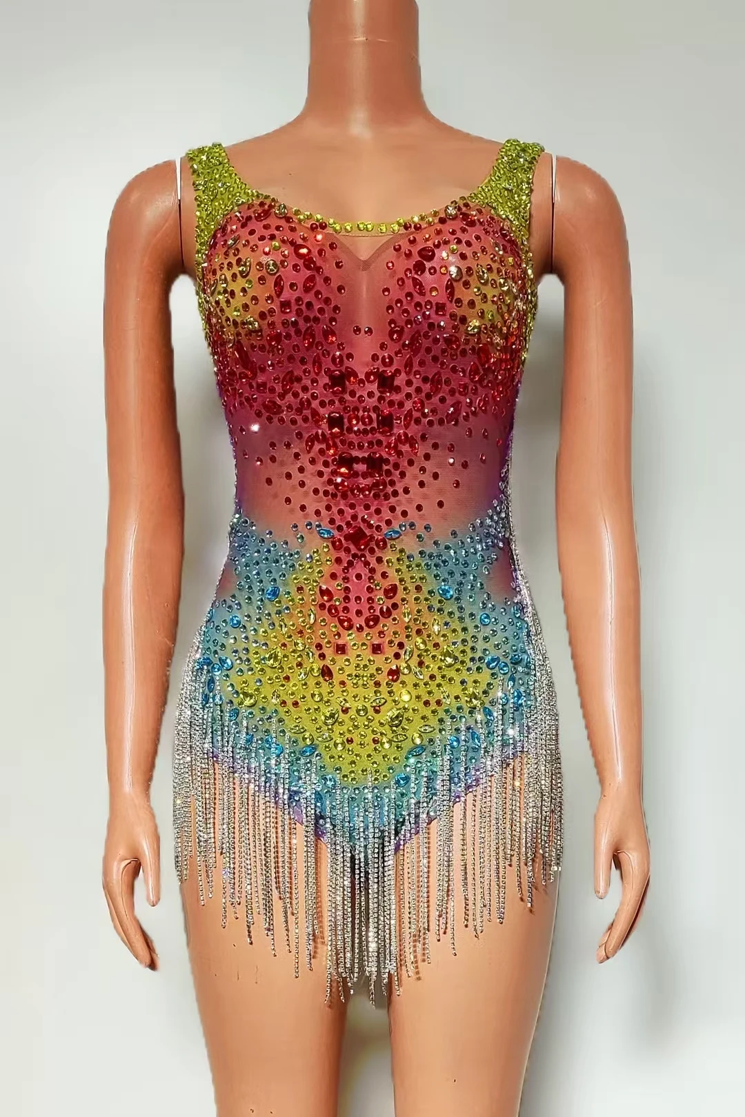 

Colorful Rhinestone Sparkling Sexy Performance Jumpsuit Transparent Mesh Crystal Fringe Dance Suit for Women Stunning Outfit