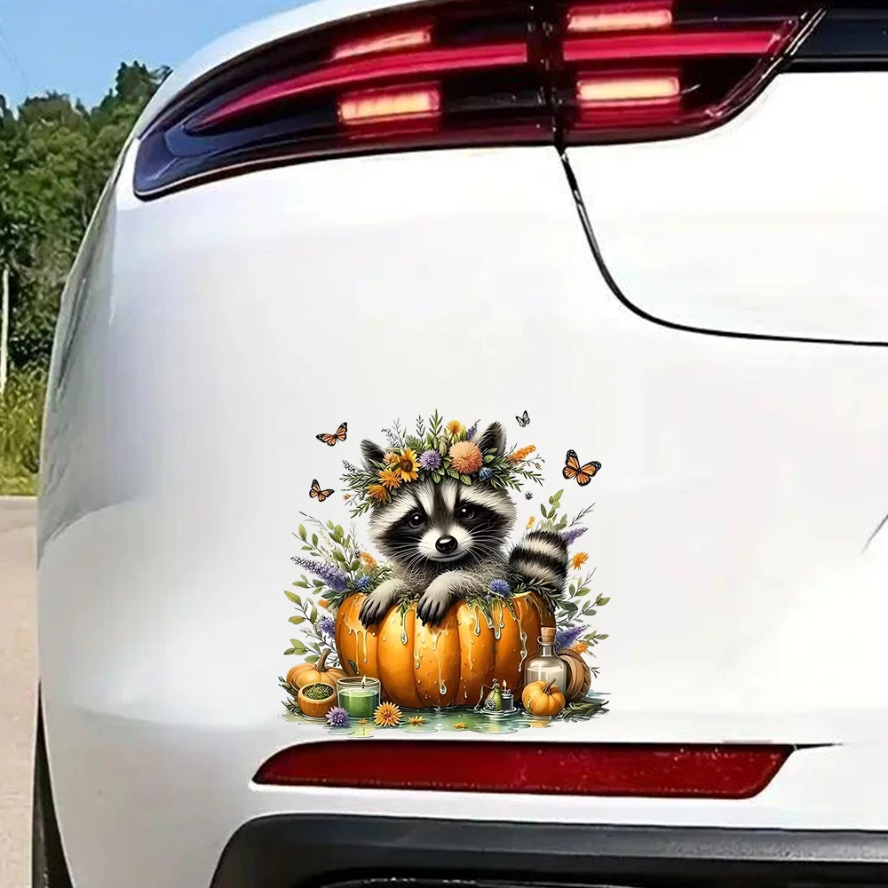 QT2512#Cute Raccoon & Pumpkin  Waterproof Vinyl Stickers for Car, Laptop, Wall and Glass Surface