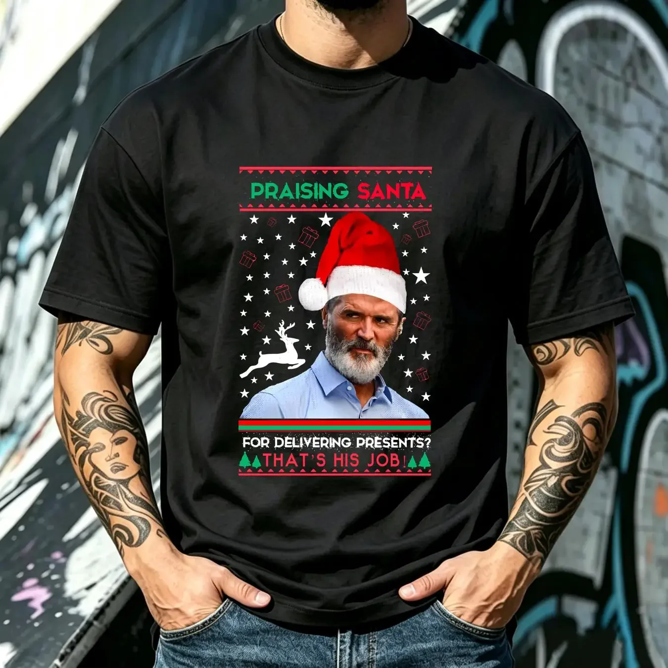 washed T Shirt Sarcastic Christmas Jokes Roy Keane Xmas Santa Claus Spoof Festival  vintage Washed Top For Everyday Wear Unisex