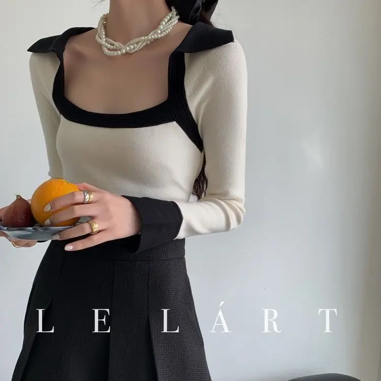 Retro High-end Color Blocked Square Neck Chic Salt Sweet Cool Top Stylish and Slimming Knit Sweater for Women Slim Fit