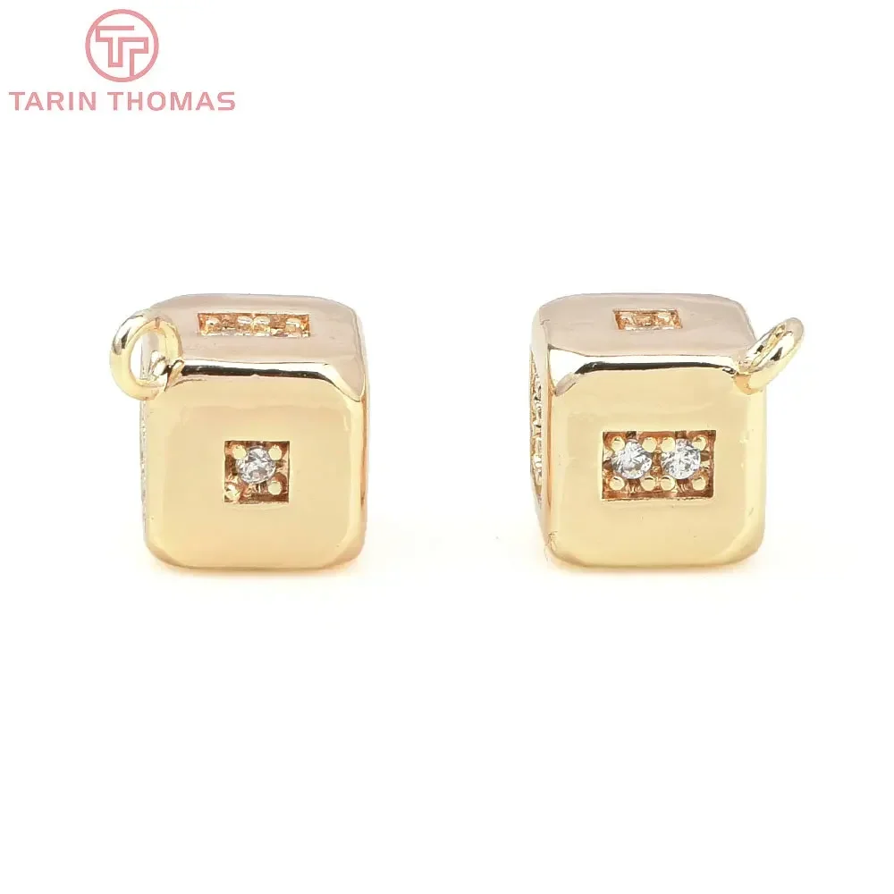 (8658) 4PCS 11x8.5MM 24K Gold Color Brass with Zircon Dice Shaped Charms Pendants High Quality DIY Jewelry Making Findings