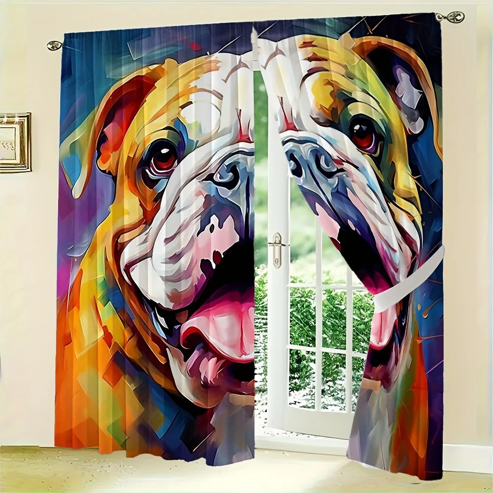 2pcs Bulldog Portrait Curtains - Contemporary Geometric Design, 100% Polyester Semi-Translucent Rod Pocket Curtains  for Bedroom