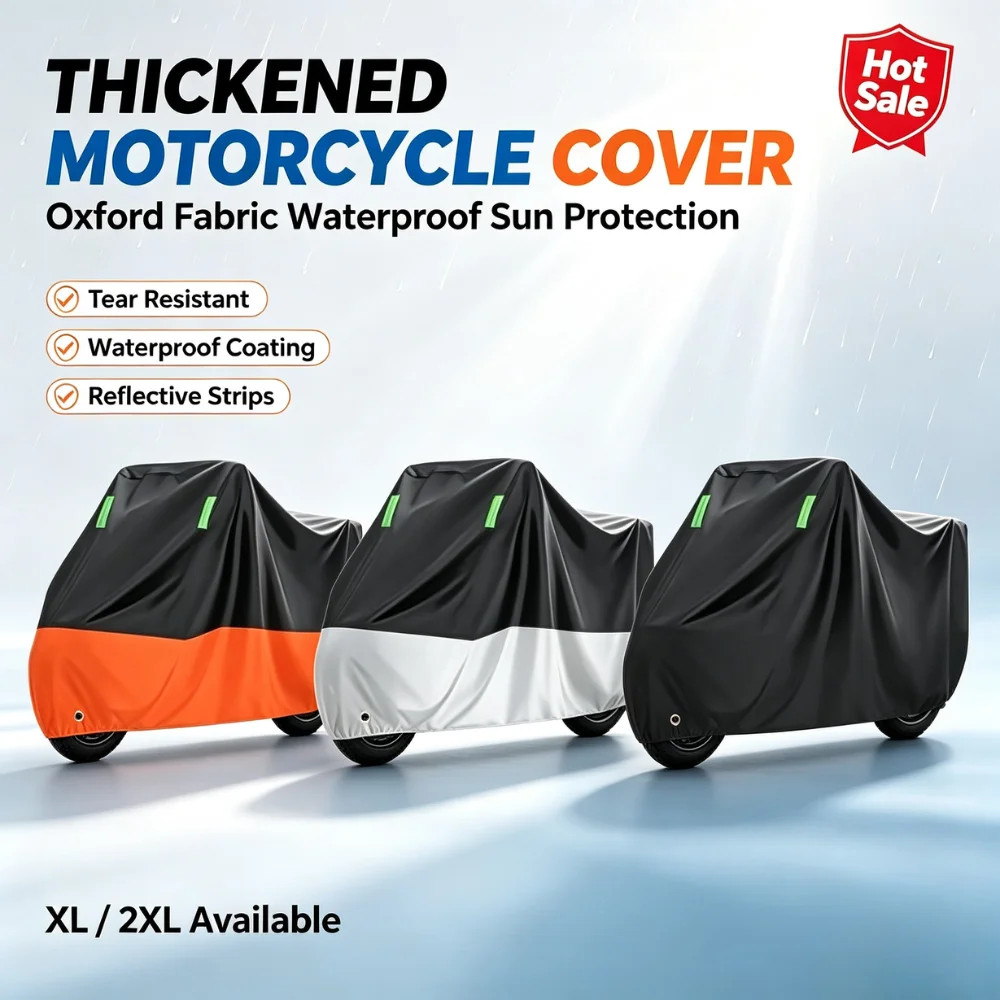XL 2XL Motorcycle Cover Waterproof Oxford Cloth Anti UV Rain Snow Dust Protector with Reflective Strip and Security Lock Hole