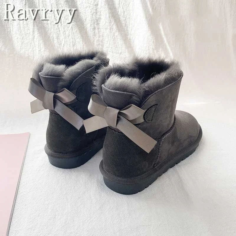 Butterfly Genuine Leather Fur Snow Boots Women Round Toe Thick Bottom Real Sheep Wool Short Boots Brand Design Winter Warm Shoes