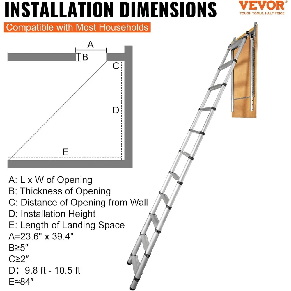 Attic Ladder Telescoping, 350-pound Capacity, 39.37" x 23.6", Multi-Purpose Aluminium Extension, Lightweight and Portable,
