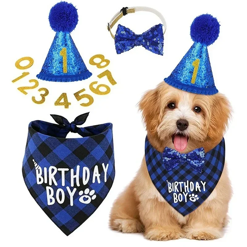 Conjunto de decoración para fiesta de mascotas, bufanda triangular de cumpleaños para perros, sombrero, pajarita, suministros de decoración de