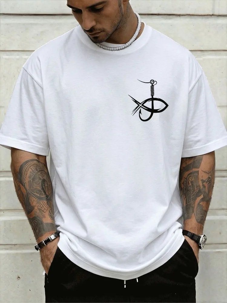 Mens Round Neck Tee Minimal Fishing Hook Fish Symbol Chest Print Breathable Cotton Outdoor Angler Daily Casual Short Sleeve Top