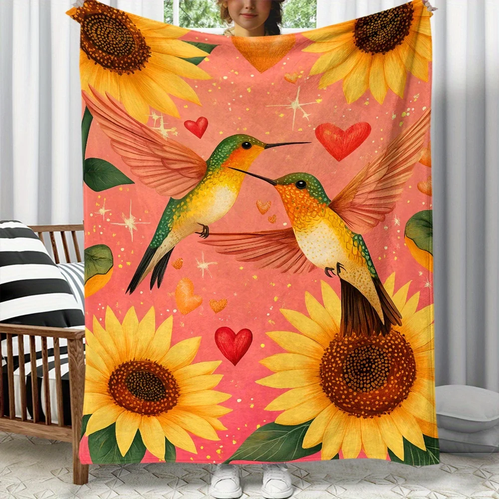 Sunflower Hummingbird Love Hearts Flannel Blanket Bright Summer Design Soft Comfortable Throw Bedding Nature Inspired Decor Gift