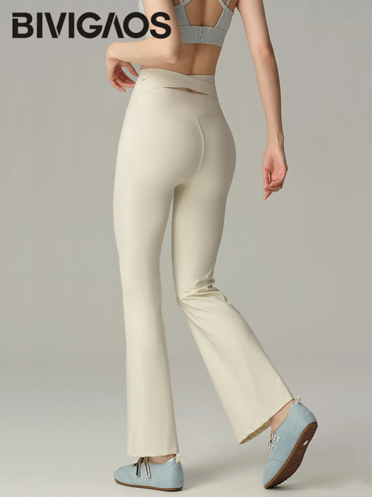 BIVIGAOS Spring Back Waist Hollow Cross Flared Leggings Women High Waist Elastic Sport Fitness Sharkskin Tight Yoga Flared Pants