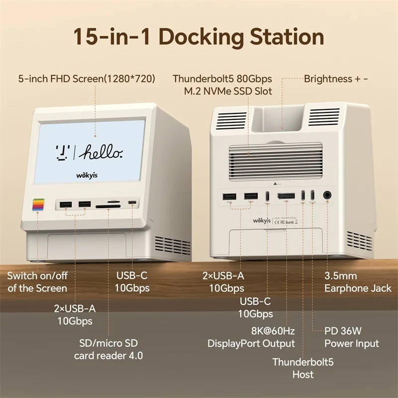 Wokyis 80Gbps Docking Station Type C to 8K DPTriple Display Compatible with Thunderbolt 5 80GbpsM.2 SSD SD4.0 15 in 1 USB C HUB